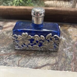 Vintage Cobalt Blue Glass Perfume Bottle With Floral Metal Overlay 3.25" Dezine